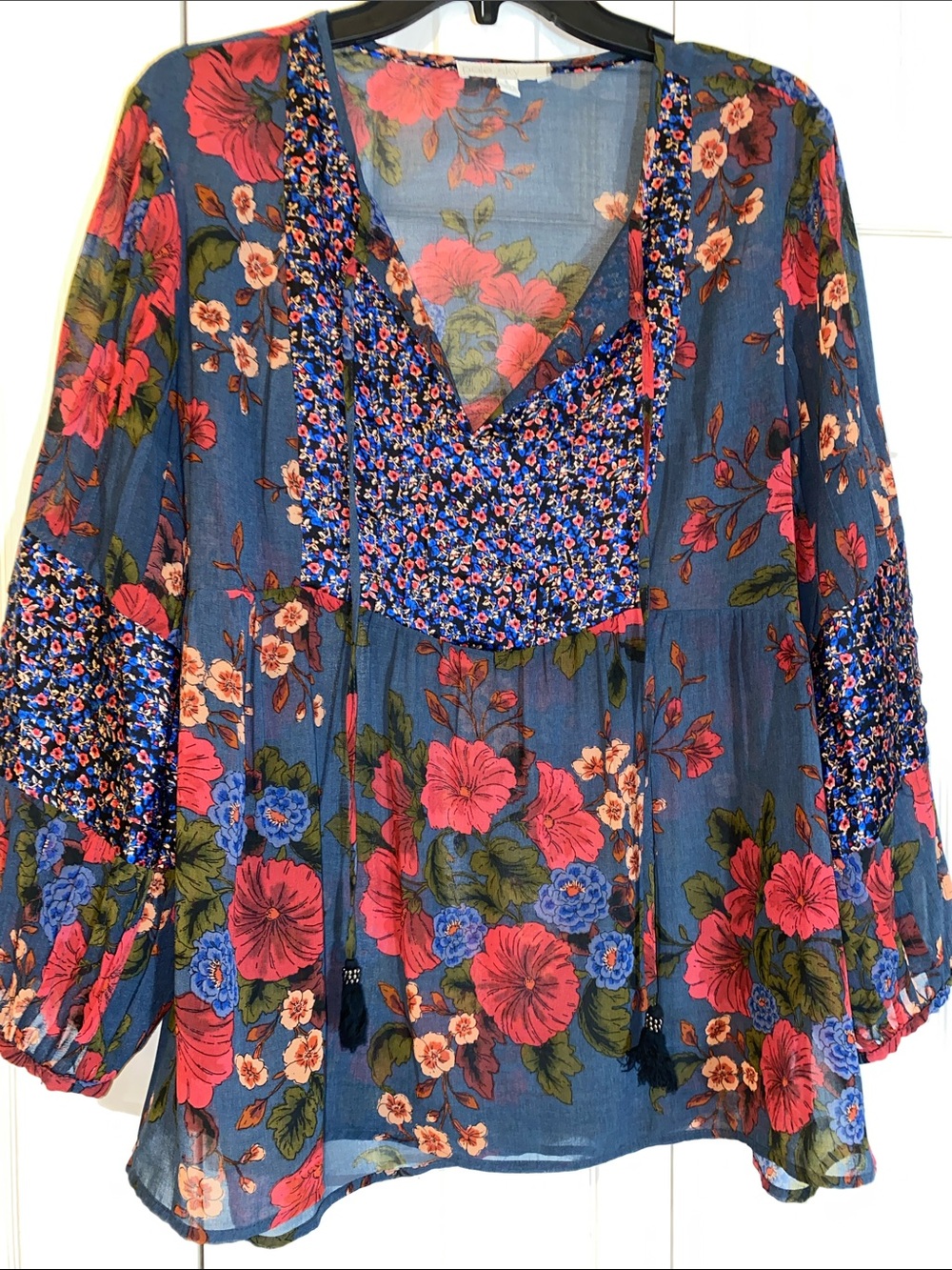Pale Sky Blue Floral Peasant Blouse- Tie Neck- Smocked